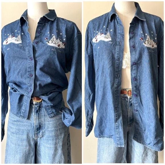 Vintage 90s Northern Reflections 100% Cotton Christmas Holiday Denim Button Up - Picture 2 of 14